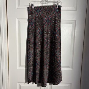LOFT Tile Print Maxi Skirt Women S Red Green Floral Satin Elastic Waist Boho